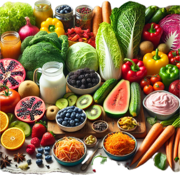 A vibrant spread of colorful fruits, vegetables, and fermented foods representing a diverse and healthy diet for the gut microbiome.