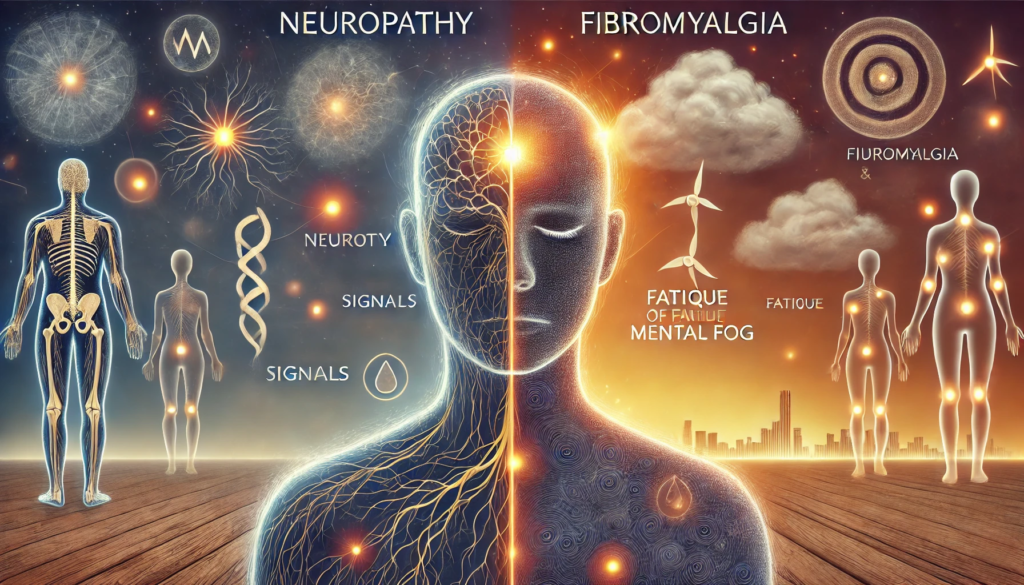 differences between neuropathy and fibromyalgia in an abstract and professional manner.