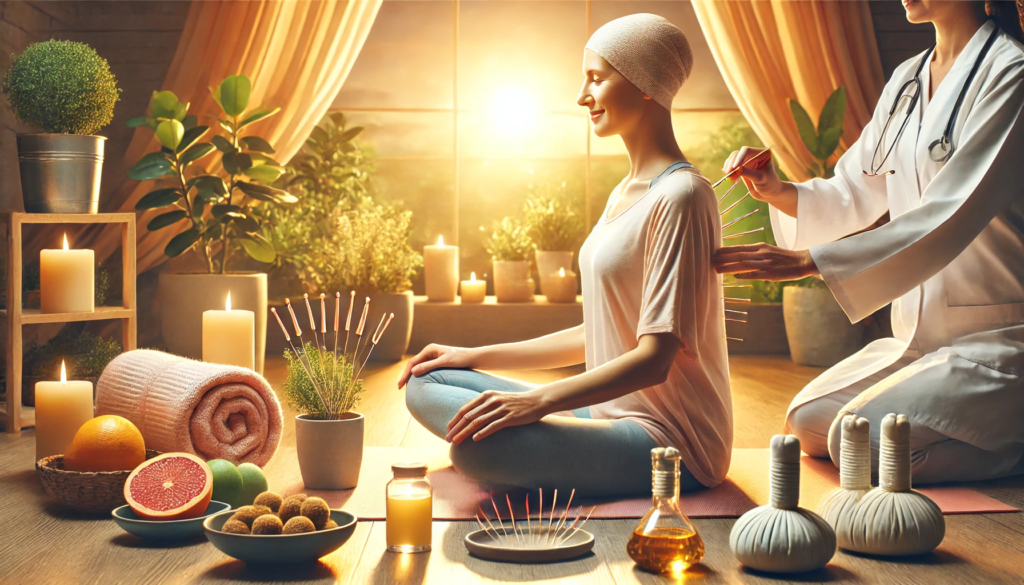 hopeful scene of a patient undergoing chemotherapy, finding relief through alternative treatments like yoga, acupuncture, and healthy eating