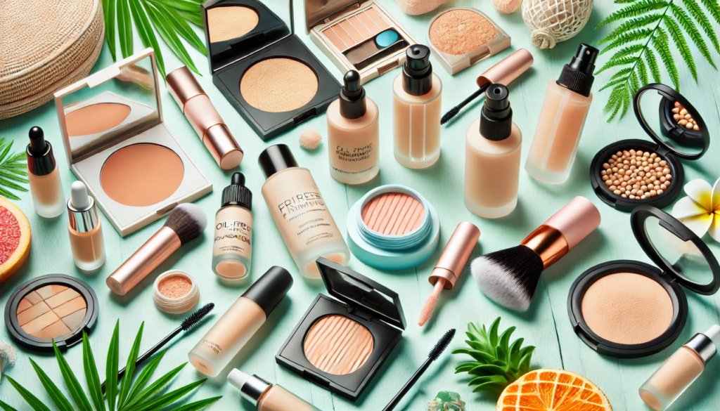 long-lasting cosmetics for oily skin in a summer survival guide, featuring a fresh, summery background with tropical elements