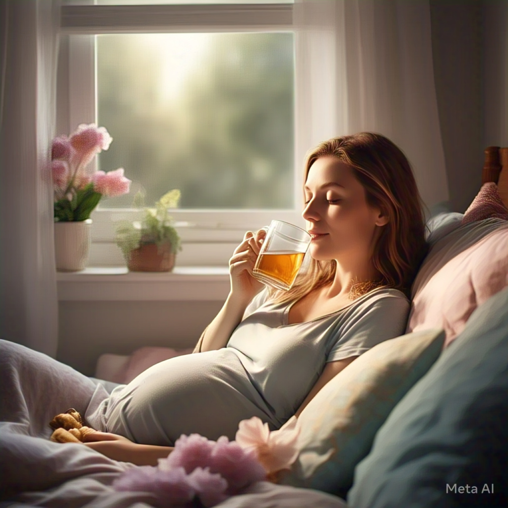 Pregnant woman sipping ginger tea while experiencing first-trimester nausea